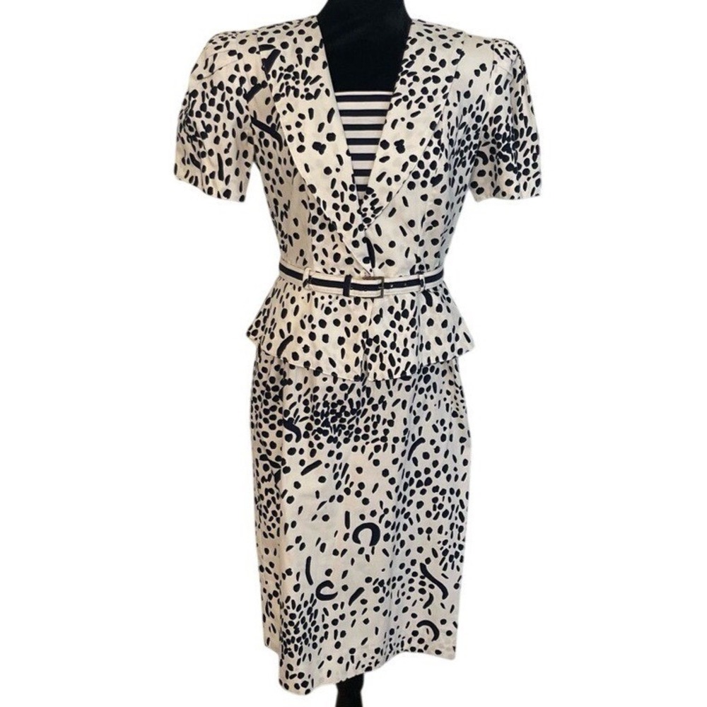 Vintage California Girl 80s Peplum Dress Black White Abstract Polla Dot Size 8